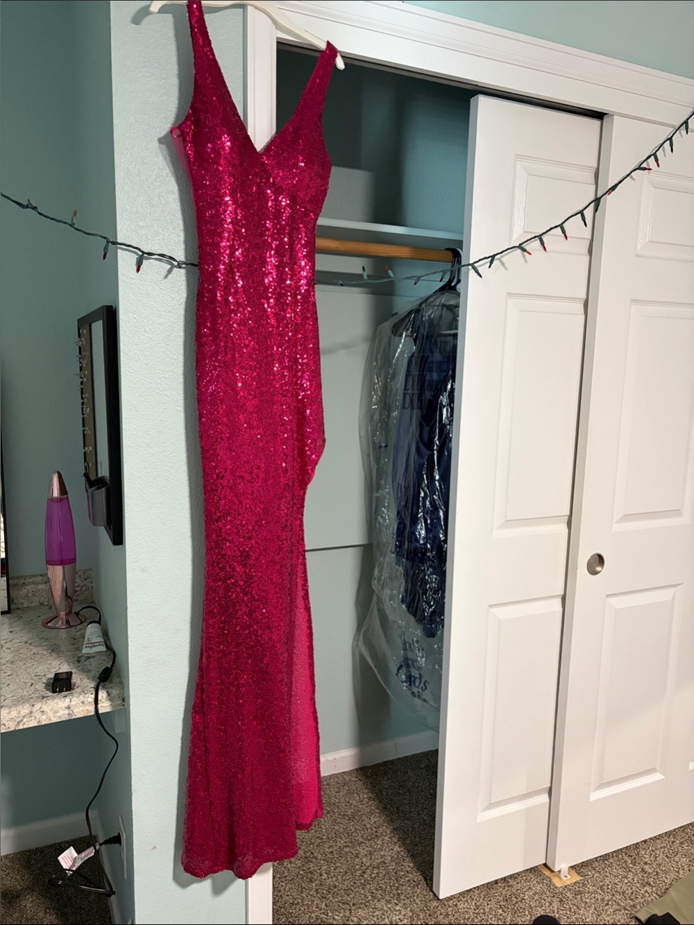 B. Smart Fuchsia Sequin V-Neck Prom Gown
